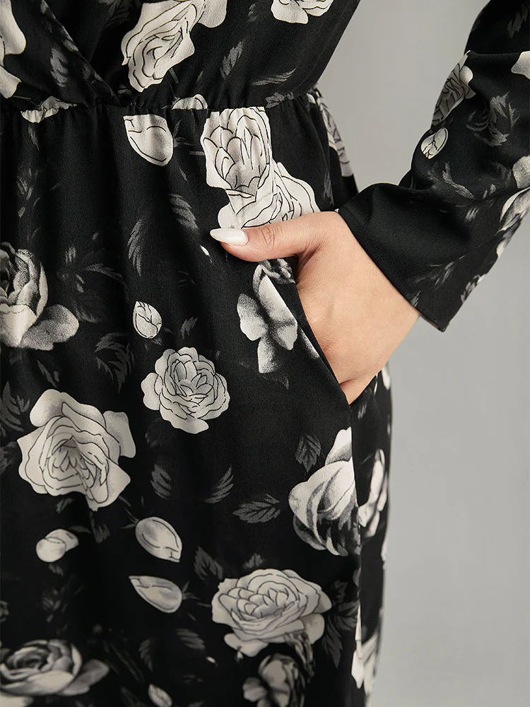 Floral Print Pocket Elastic Waist Wrap Dress - Image 8