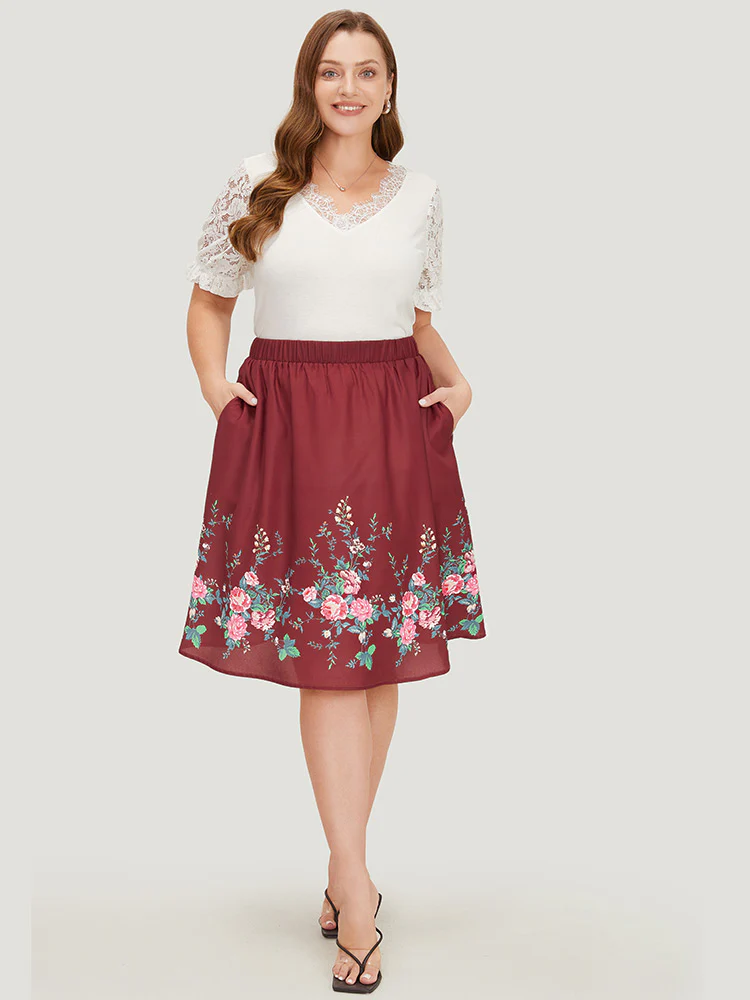 Floral Print Pocket Flutter Hem Skirt - Image 4