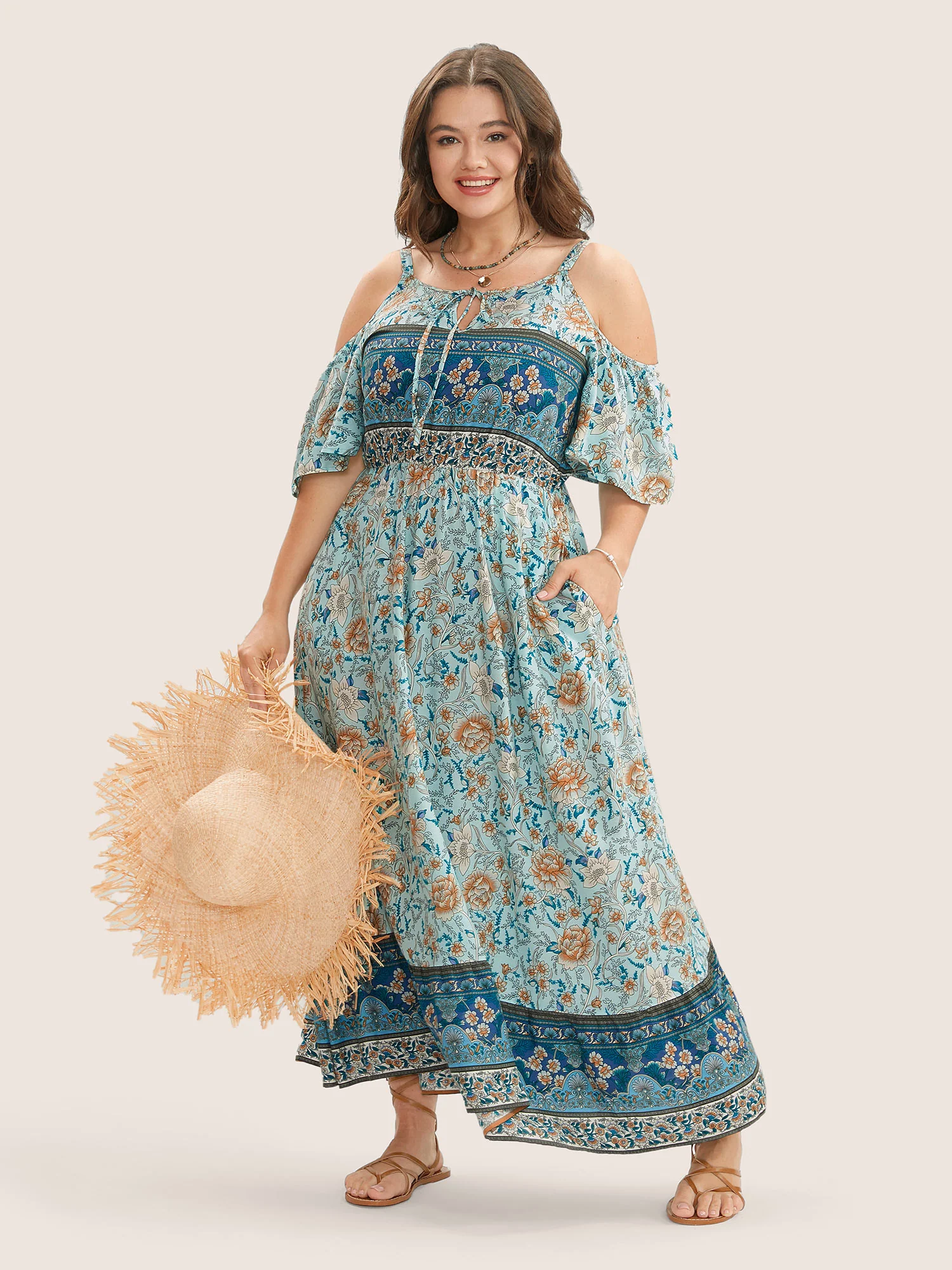 Floral Print Pocket Keyhole Ruffles Cold Shoulder Maxi Dress - Image 2