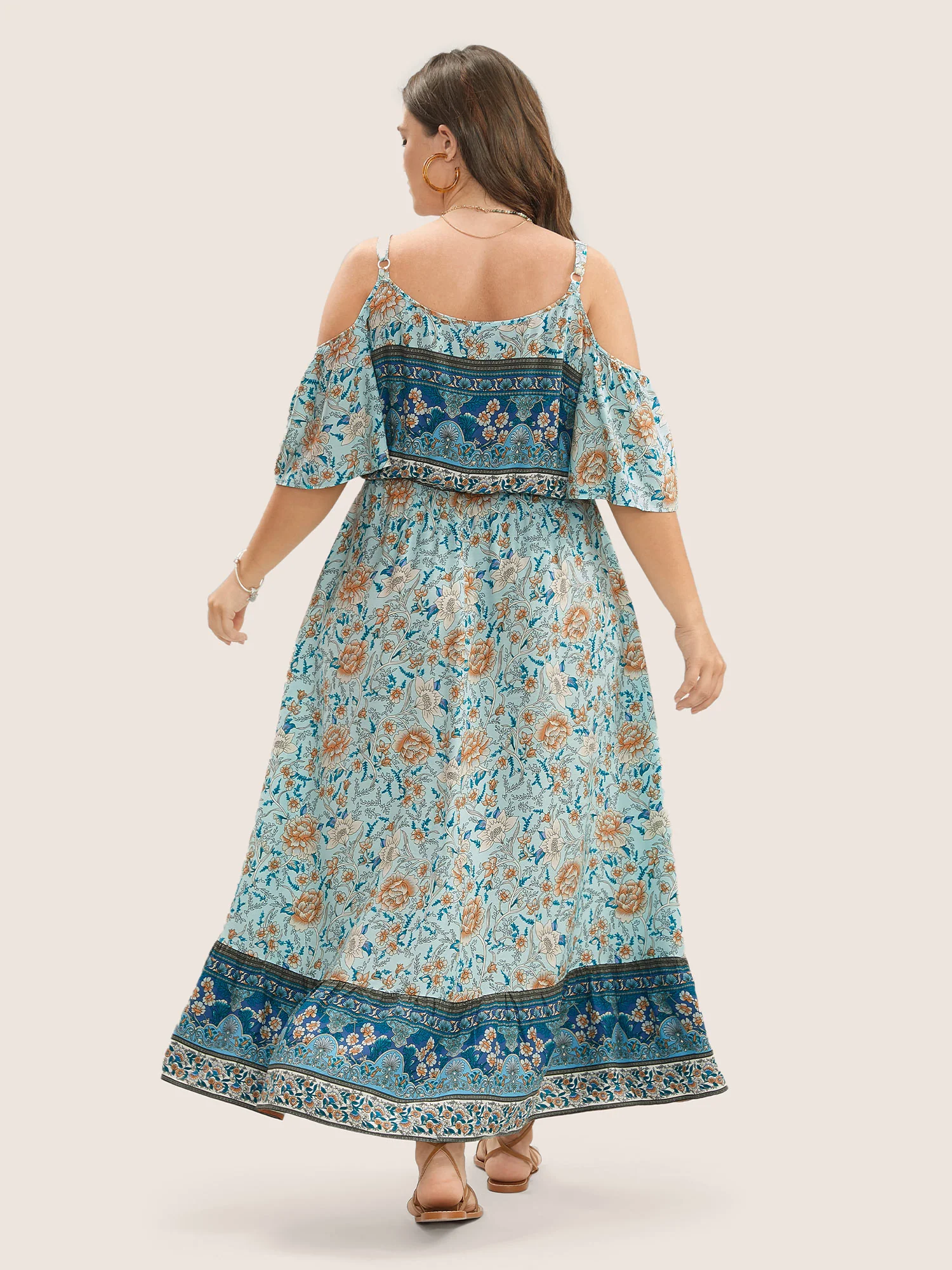 Floral Print Pocket Keyhole Ruffles Cold Shoulder Maxi Dress - Image 3