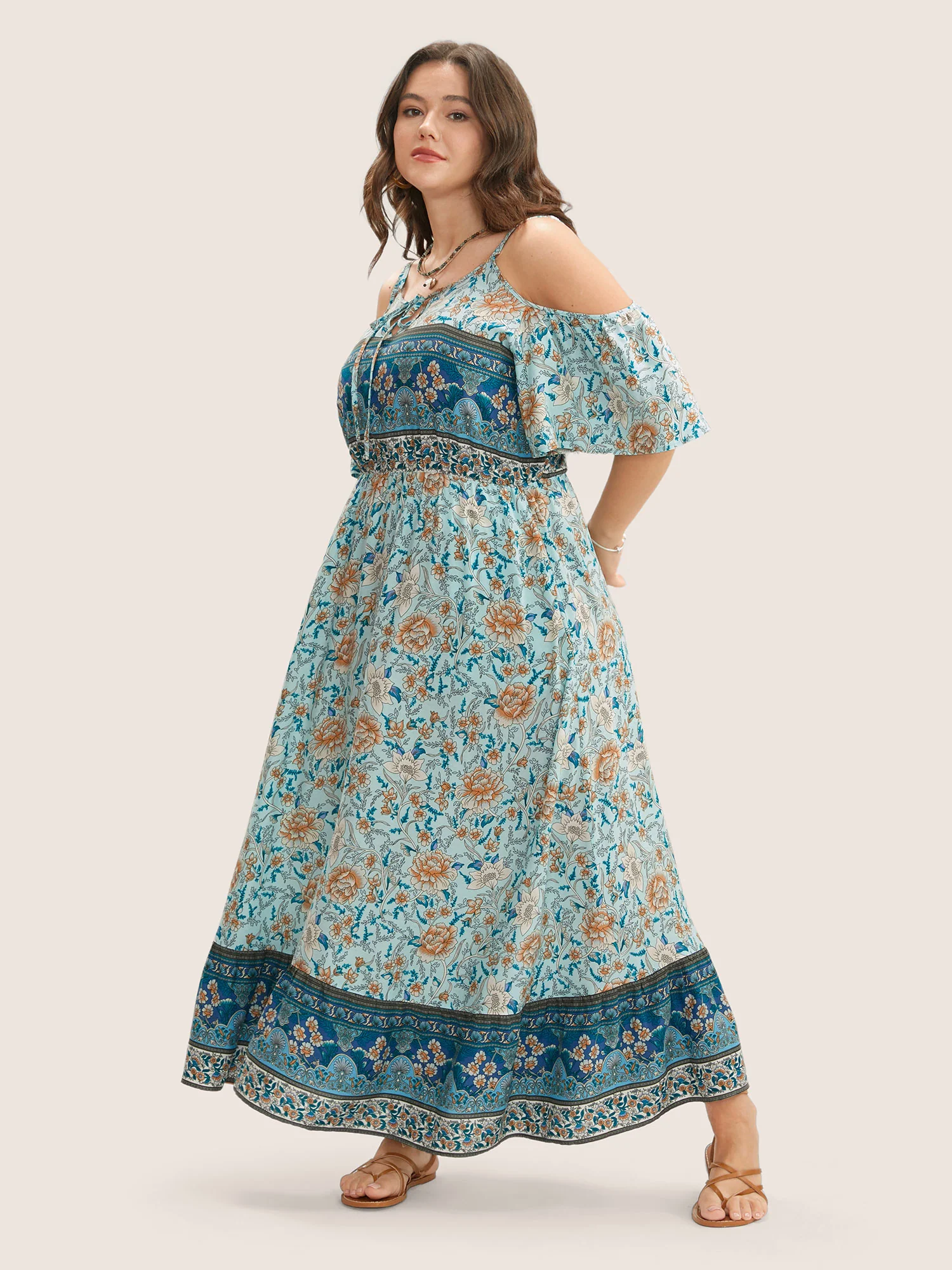 Floral Print Pocket Keyhole Ruffles Cold Shoulder Maxi Dress - Image 4