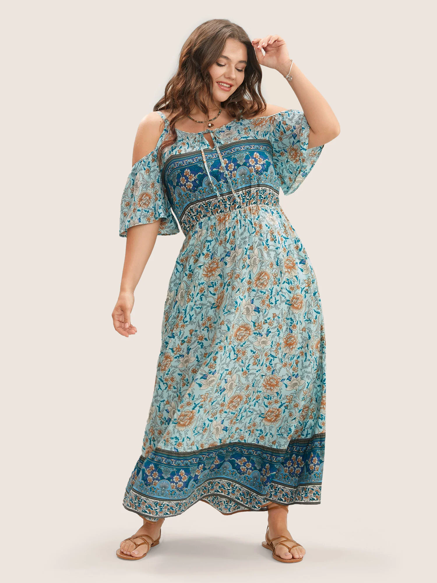 Floral Print Pocket Keyhole Ruffles Cold Shoulder Maxi Dress - Image 6