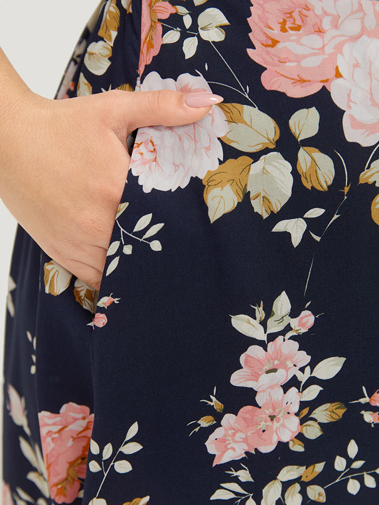 Floral Print Pocket Knot Ruffle Sleeve Wrap Dress - Image 10