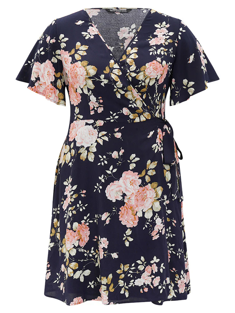 Floral Print Pocket Knot Ruffle Sleeve Wrap Dress - Image 11