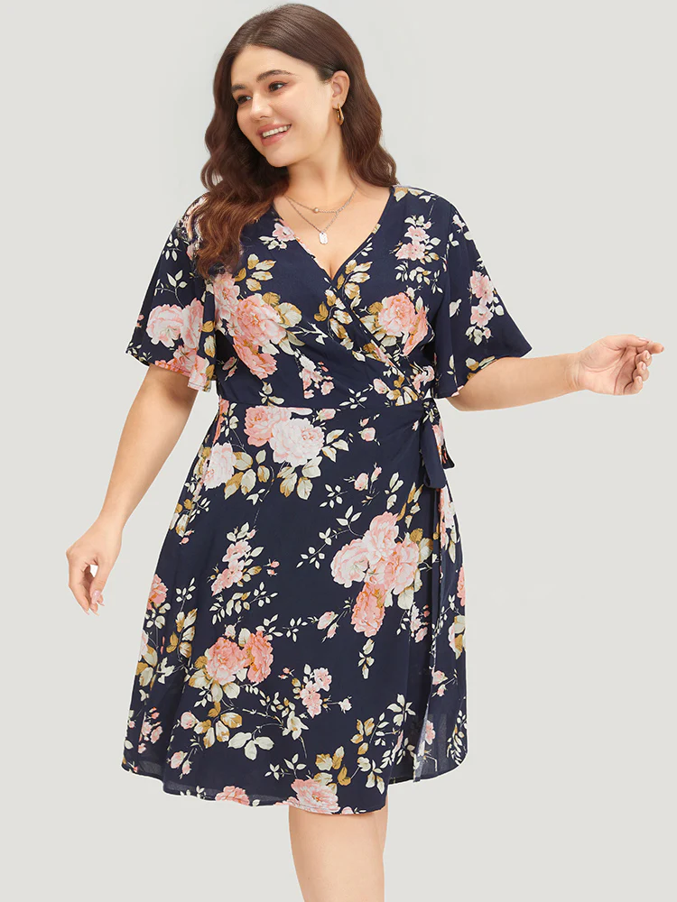 Floral Print Pocket Knot Ruffle Sleeve Wrap Dress - Image 2