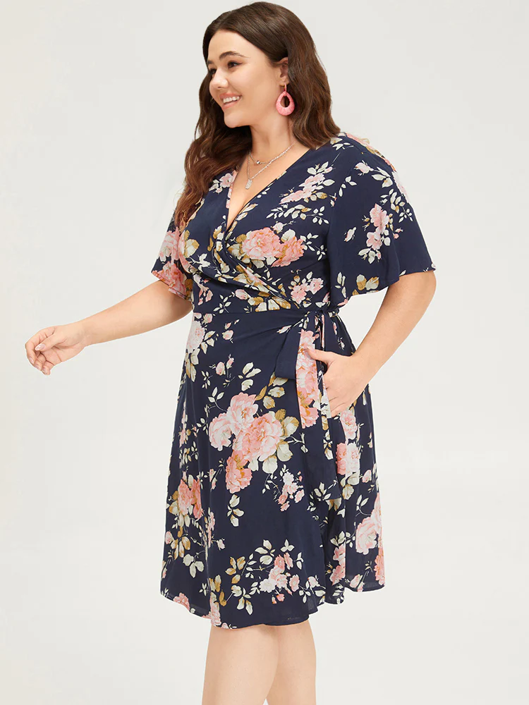 Floral Print Pocket Knot Ruffle Sleeve Wrap Dress - Image 3
