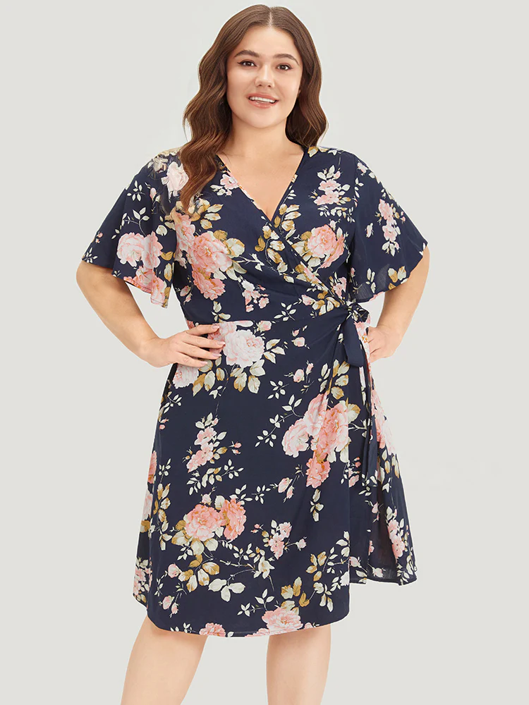 Floral Print Pocket Knot Ruffle Sleeve Wrap Dress - Image 4