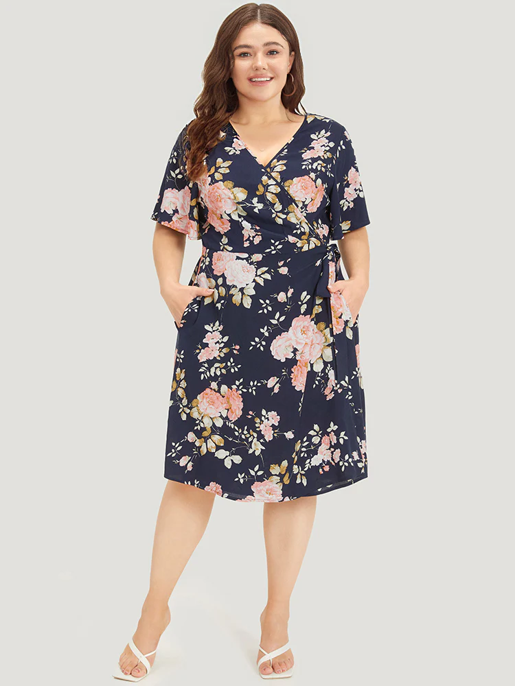 Floral Print Pocket Knot Ruffle Sleeve Wrap Dress - Image 5
