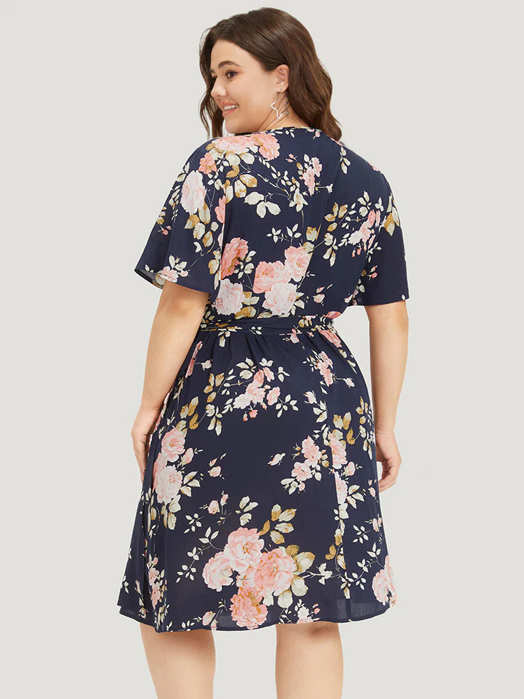 Floral Print Pocket Knot Ruffle Sleeve Wrap Dress - Image 6