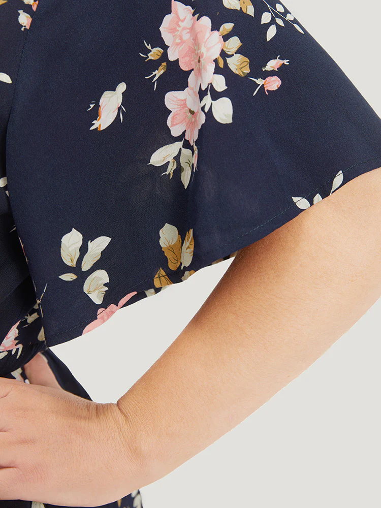 Floral Print Pocket Knot Ruffle Sleeve Wrap Dress - Image 8