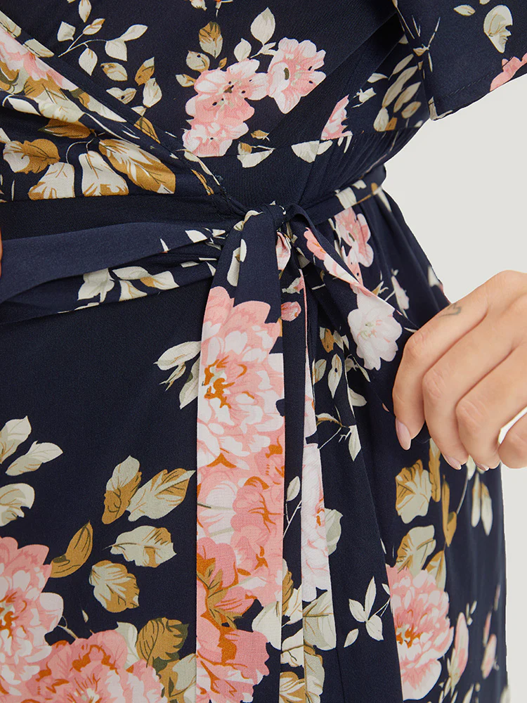 Floral Print Pocket Knot Ruffle Sleeve Wrap Dress - Image 9