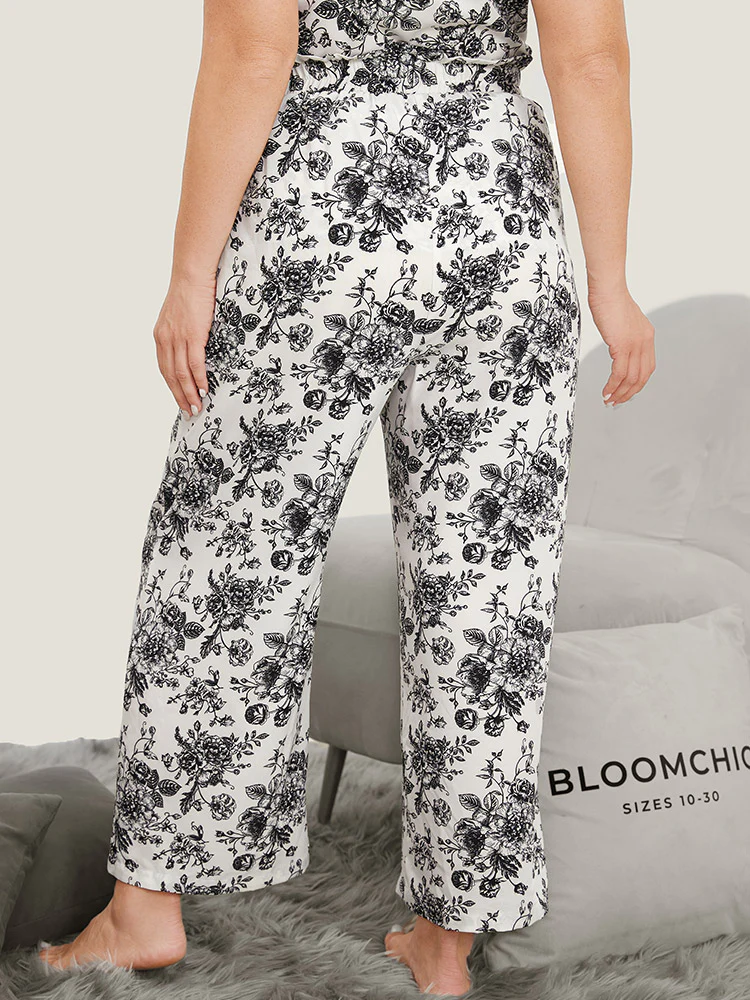 Floral Print Pocket Shirred Waist Pajama Bottoms - Image 4
