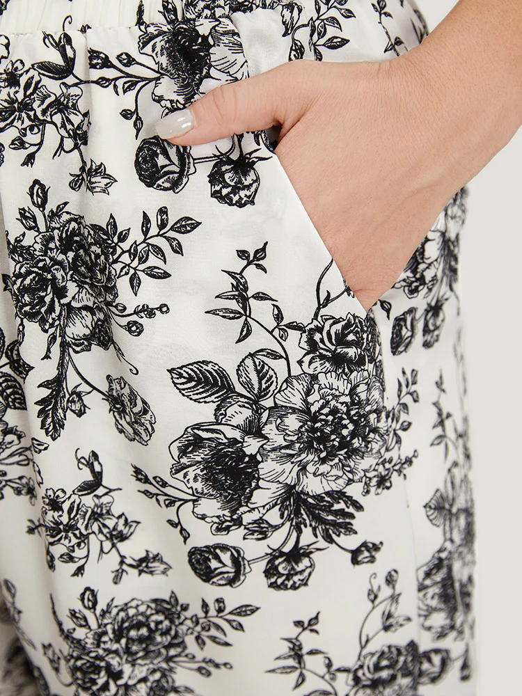 Floral Print Pocket Shirred Waist Pajama Bottoms - Image 5