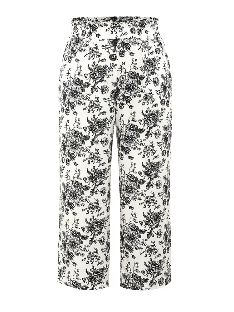 Floral Print Pocket Shirred Waist Pajama Bottoms - Image 8