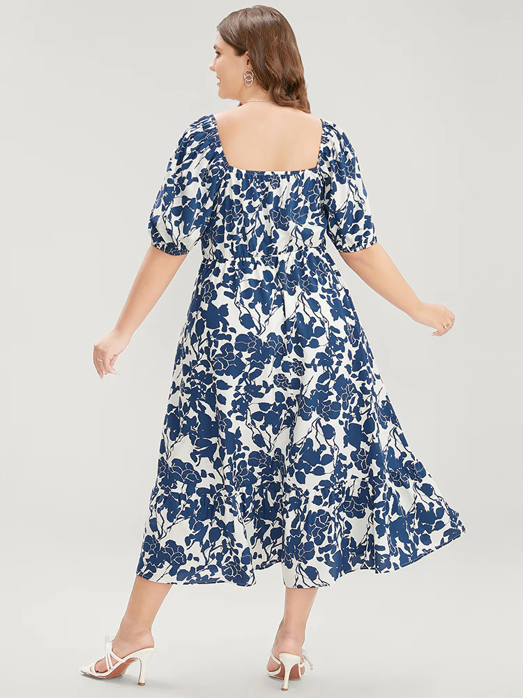 Floral Print Pocket Puff Sleeve Ruched Pocket Ruffle Hem Dress - Image 2