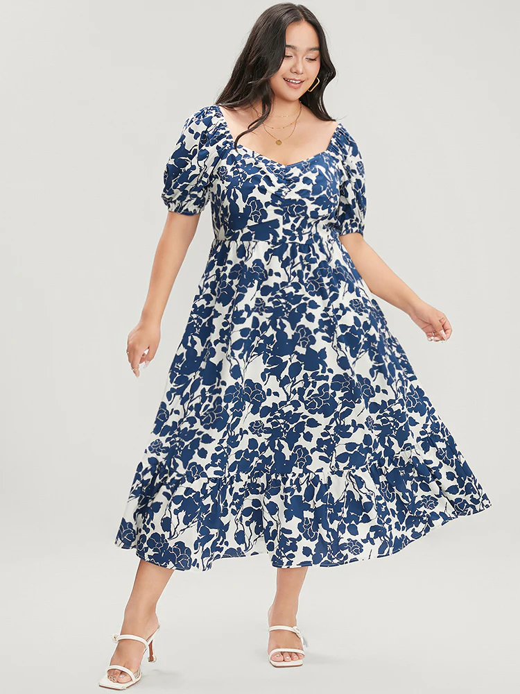 Floral Print Pocket Puff Sleeve Ruched Pocket Ruffle Hem Dress - Image 3