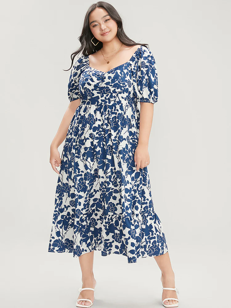 Floral Print Pocket Puff Sleeve Ruched Pocket Ruffle Hem Dress - Image 4