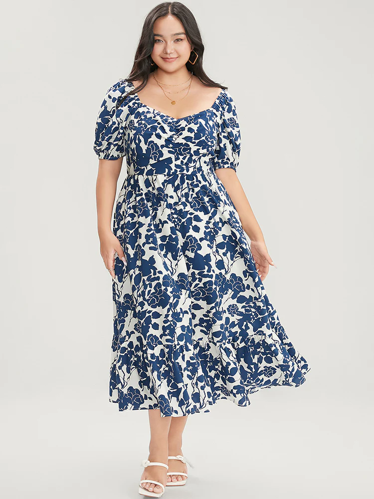 Floral Print Pocket Puff Sleeve Ruched Pocket Ruffle Hem Dress - Image 5