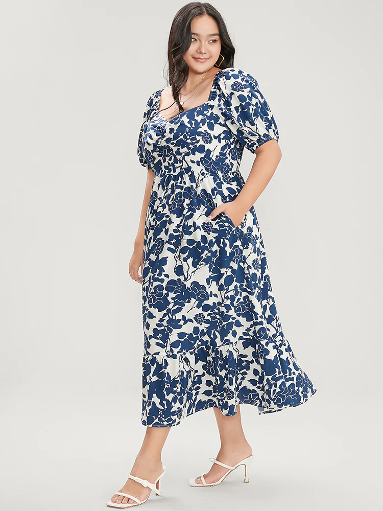 Floral Print Pocket Puff Sleeve Ruched Pocket Ruffle Hem Dress - Image 6