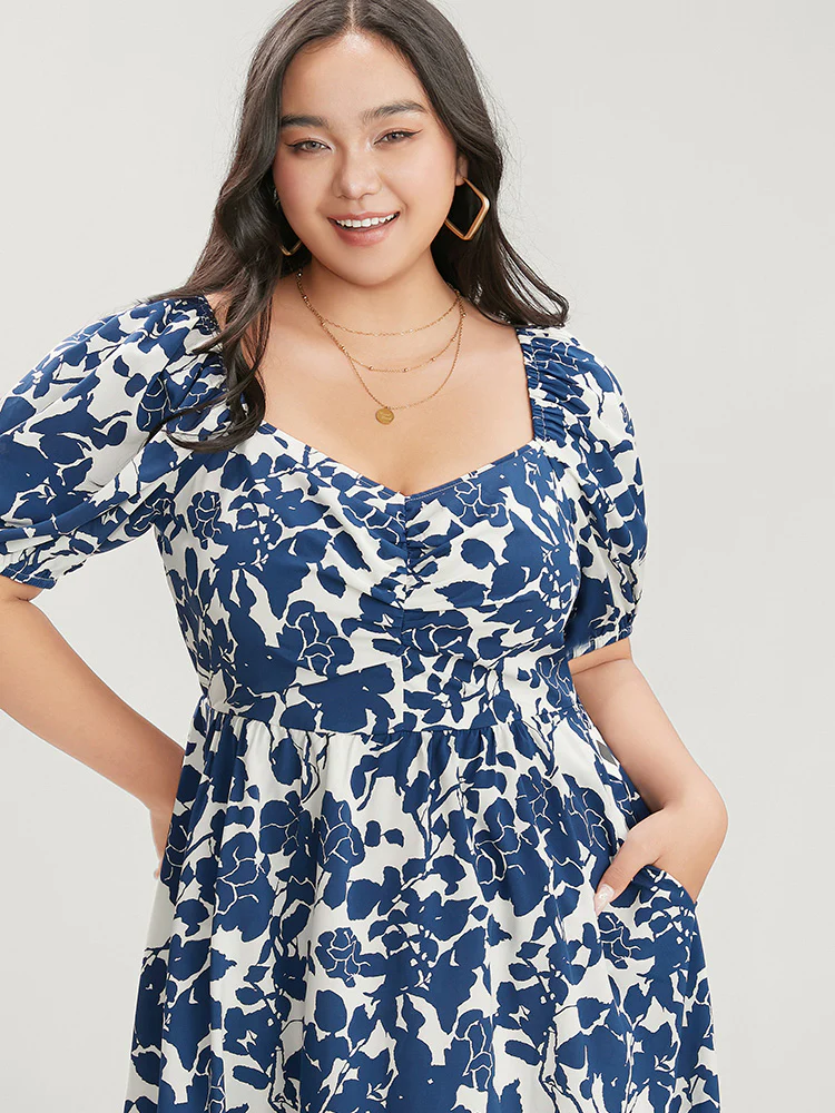 Floral Print Pocket Puff Sleeve Ruched Pocket Ruffle Hem Dress - Image 7