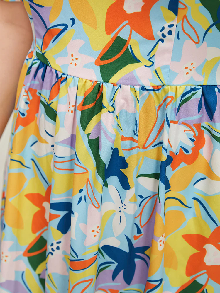 Floral Print Pocket Ruffle Hem Square Neck Dress - Image 10