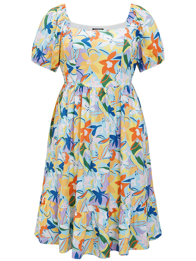 Floral Print Pocket Ruffle Hem Square Neck Dress - Image 11
