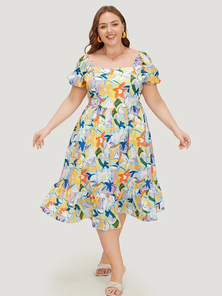 Floral Print Pocket Ruffle Hem Square Neck Dress - Image 2
