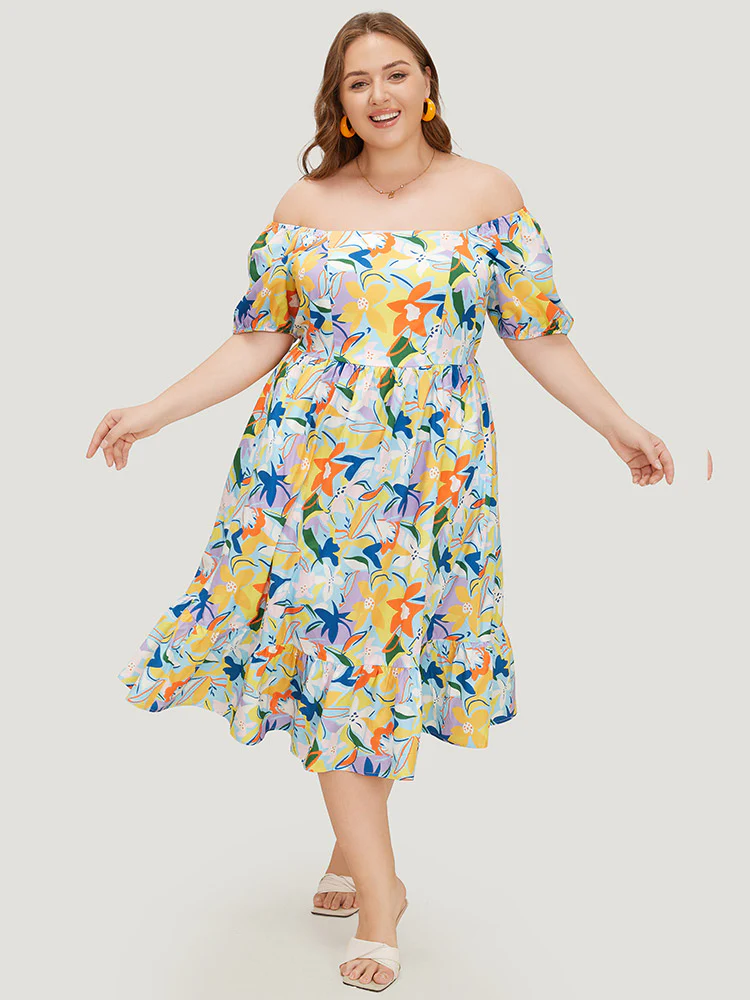 Floral Print Pocket Ruffle Hem Square Neck Dress - Image 3