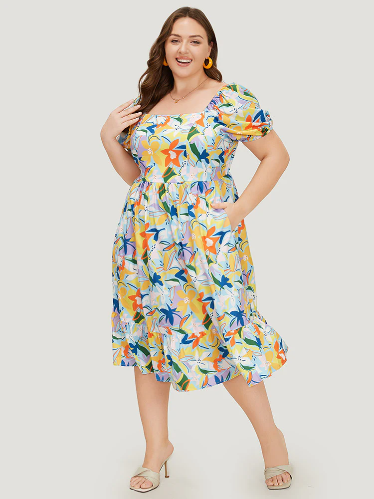 Floral Print Pocket Ruffle Hem Square Neck Dress - Image 4