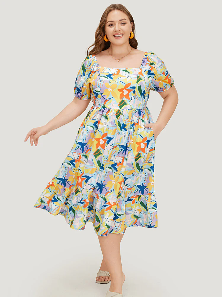 Floral Print Pocket Ruffle Hem Square Neck Dress - Image 5