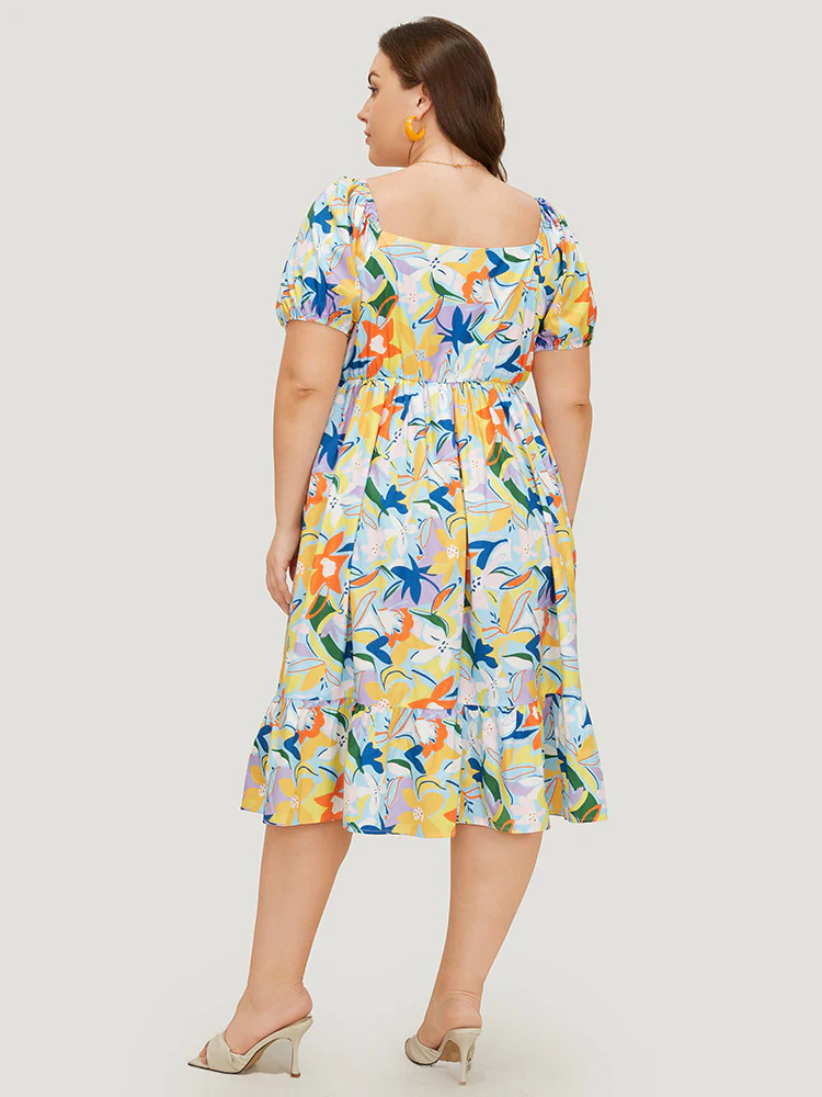 Floral Print Pocket Ruffle Hem Square Neck Dress - Image 6