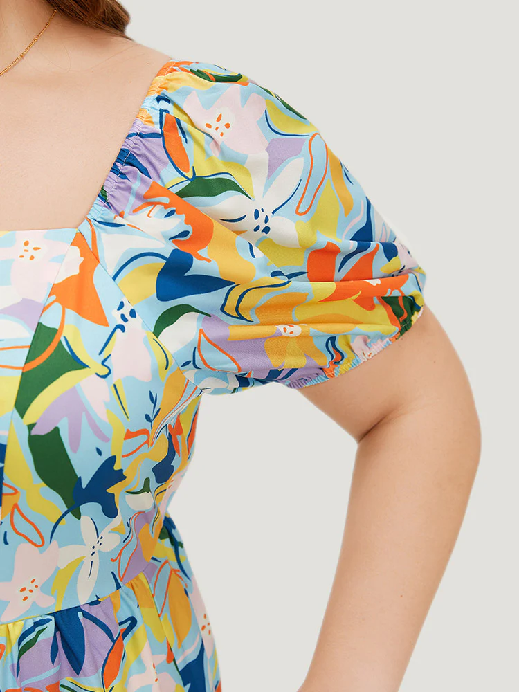Floral Print Pocket Ruffle Hem Square Neck Dress - Image 7