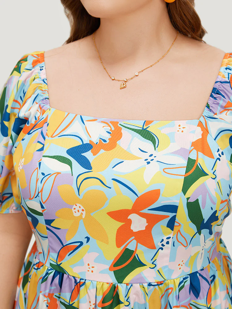 Floral Print Pocket Ruffle Hem Square Neck Dress - Image 8