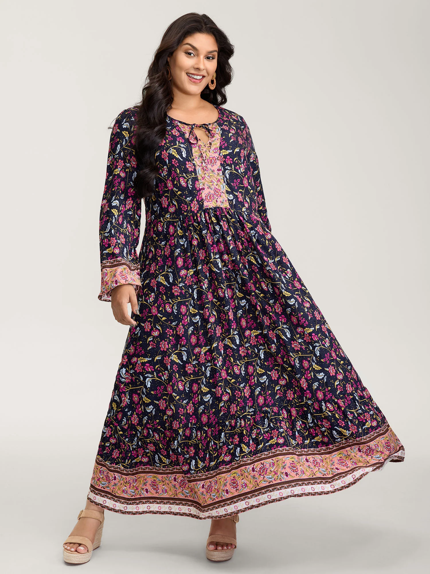 Floral Print Pockets Adjustable Neckline Maxi Dress