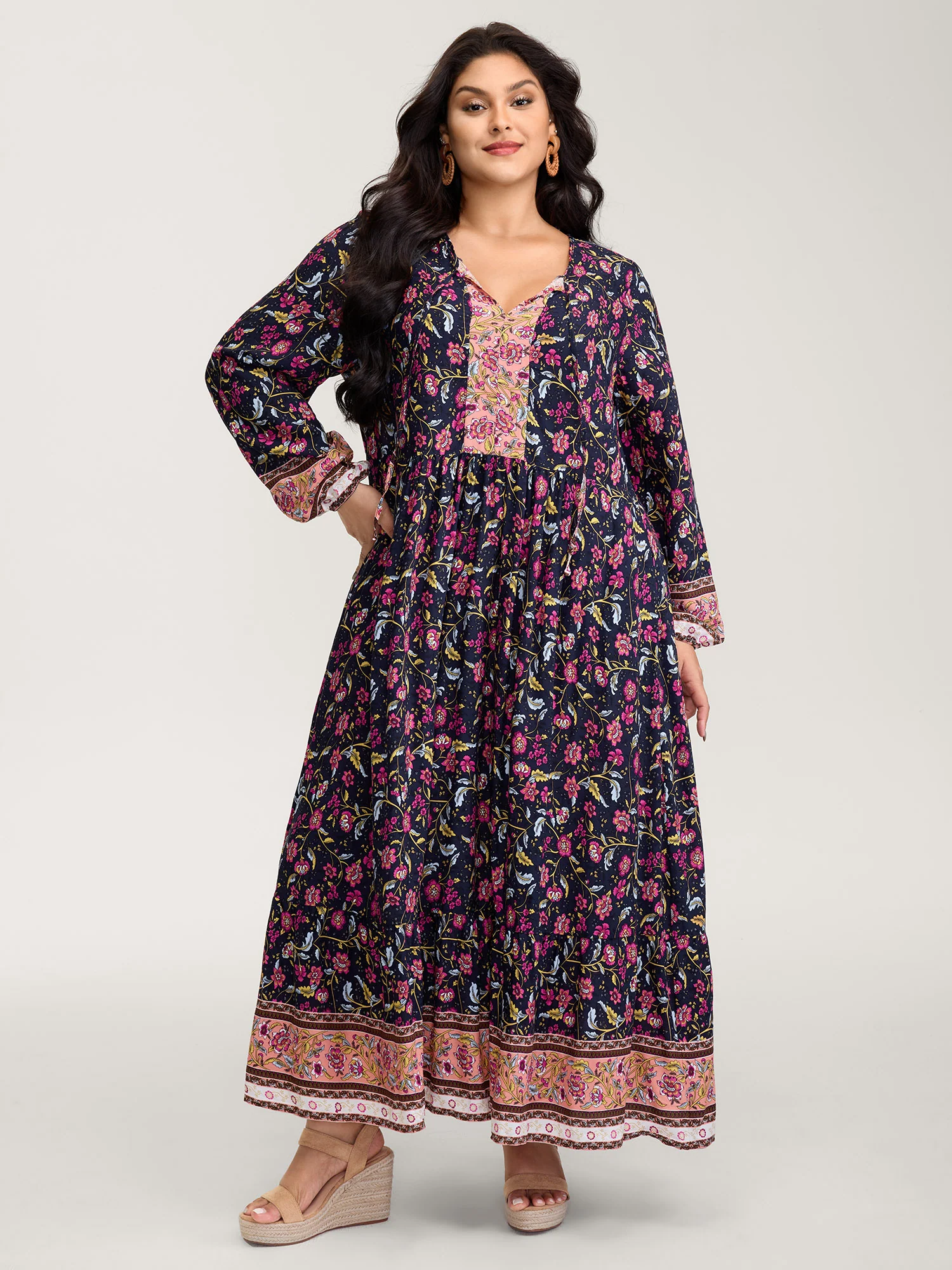 Floral Print Pockets Adjustable Neckline Maxi Dress - Image 3