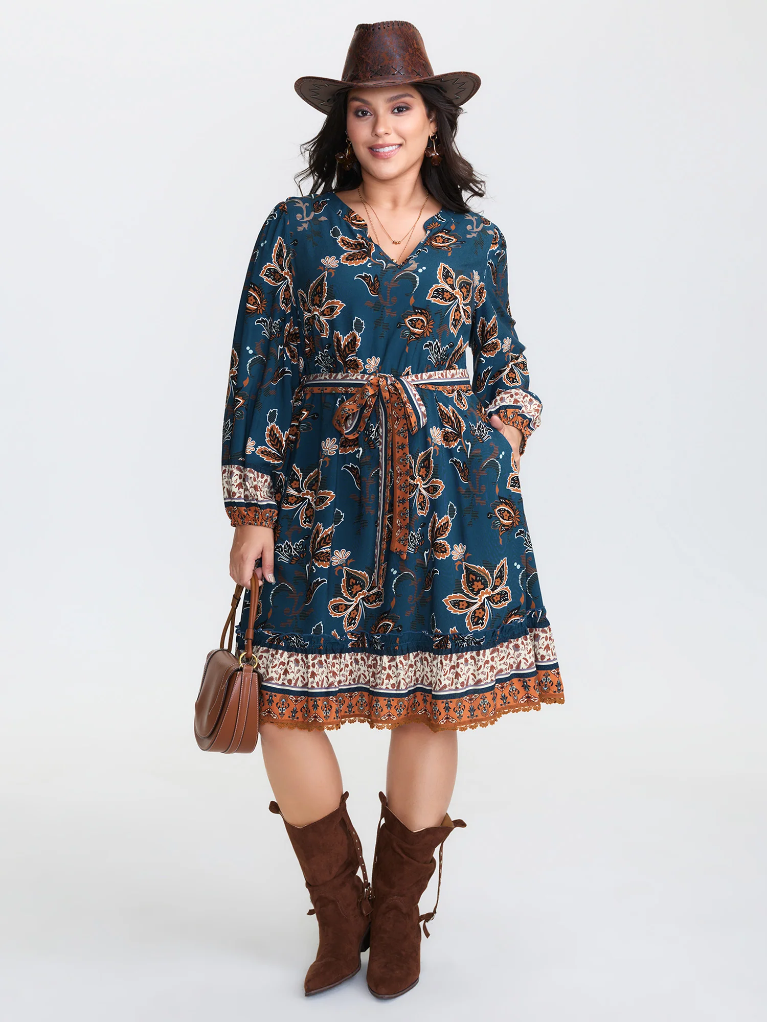 Floral Print Pockets Belted Waist Midi Dress - Image 2