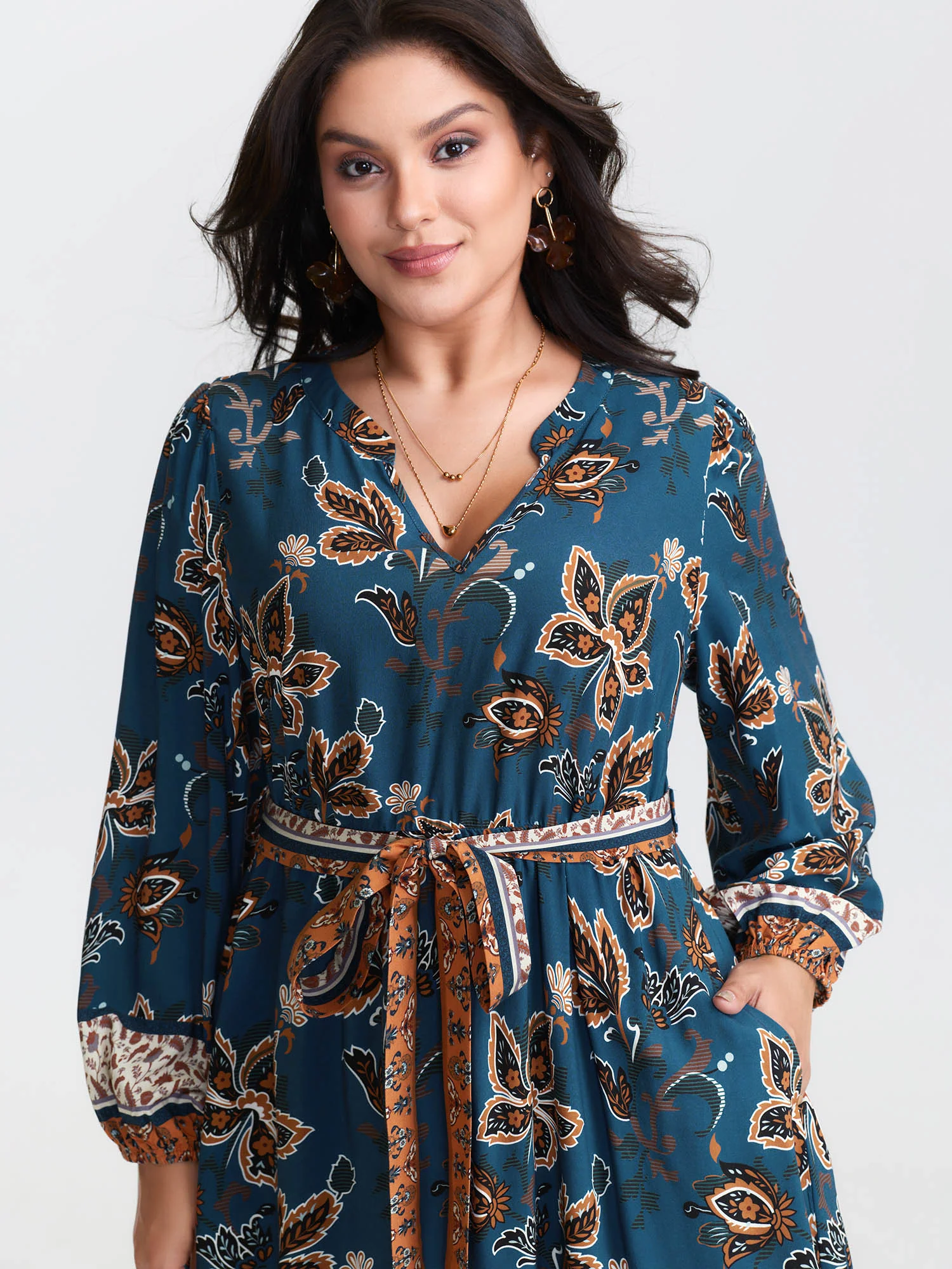 Floral Print Pockets Belted Waist Midi Dress - Image 3