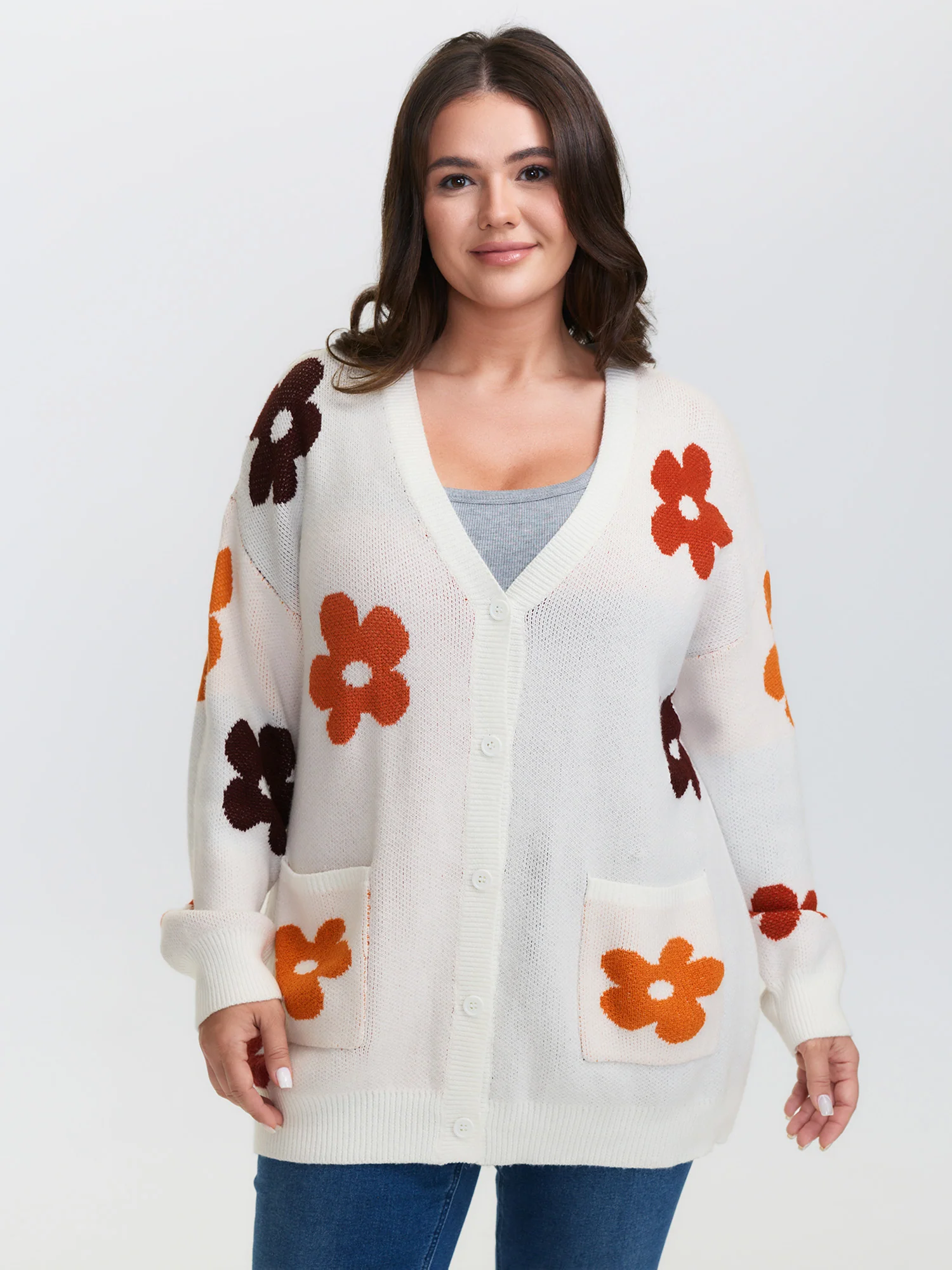 Floral Print Pockets Button-Front Knit Cardigan - Image 2