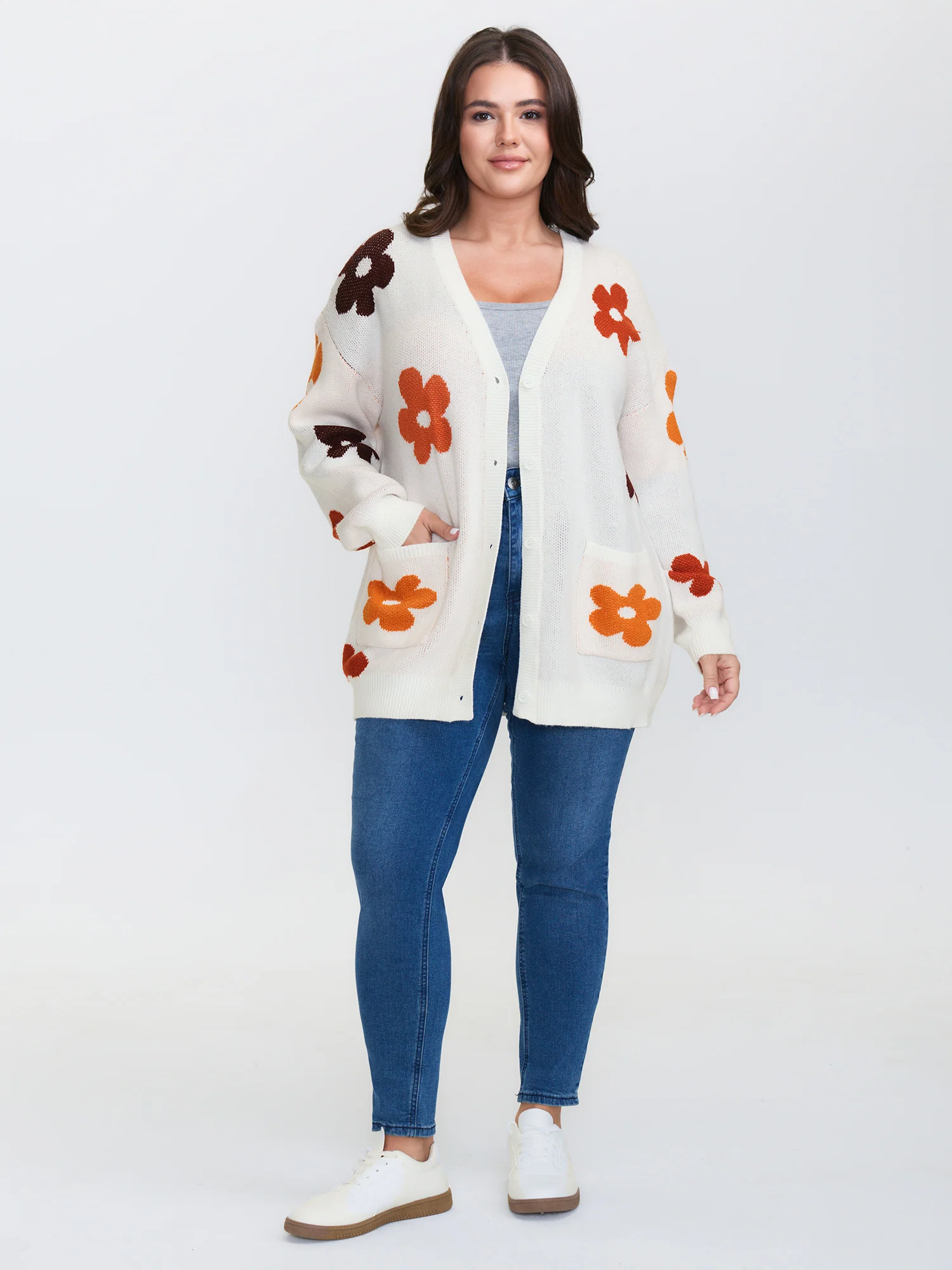 Floral Print Pockets Button-Front Knit Cardigan - Image 3