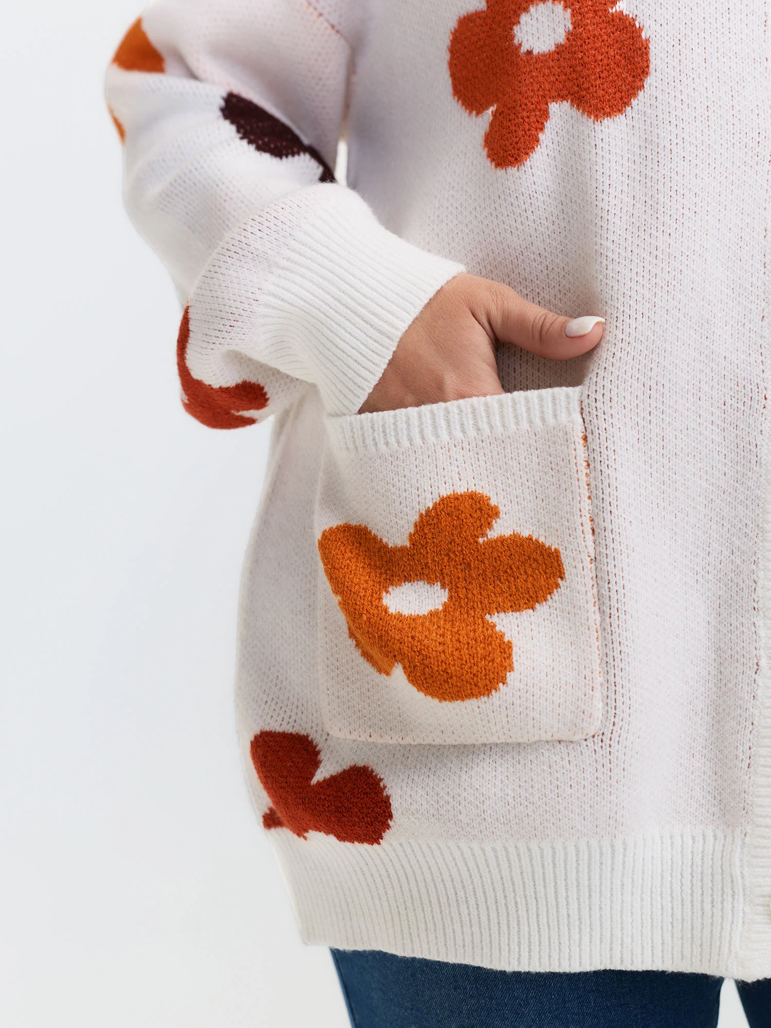 Floral Print Pockets Button-Front Knit Cardigan - Image 4