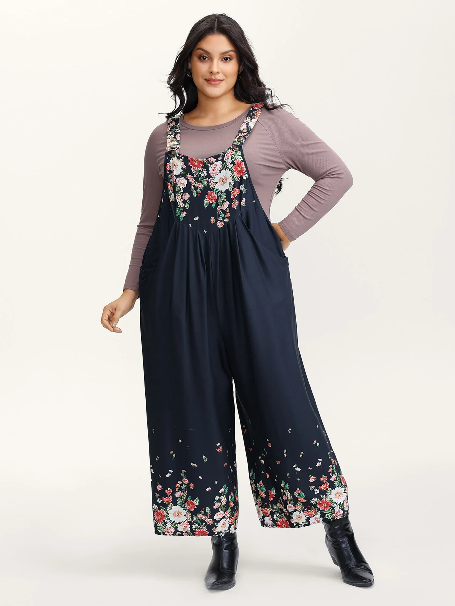 Floral Print Pockets Casual Jumpsuit - Image 3