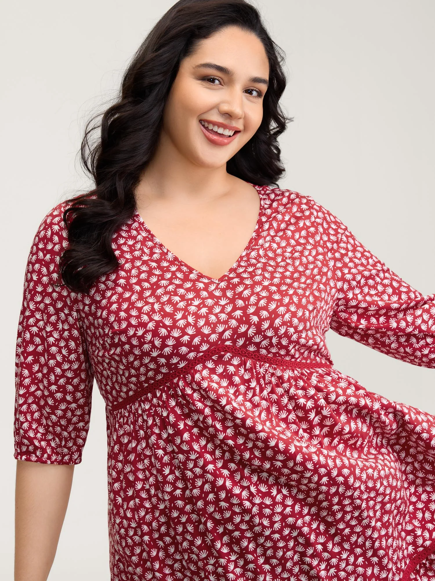 Floral Print Pockets Contrast Knee-Length Dress - Image 2