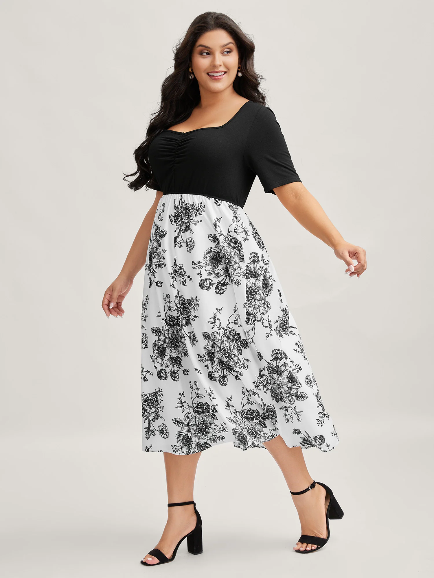 Floral Print Pockets Contrast Midi Dress - Image 3