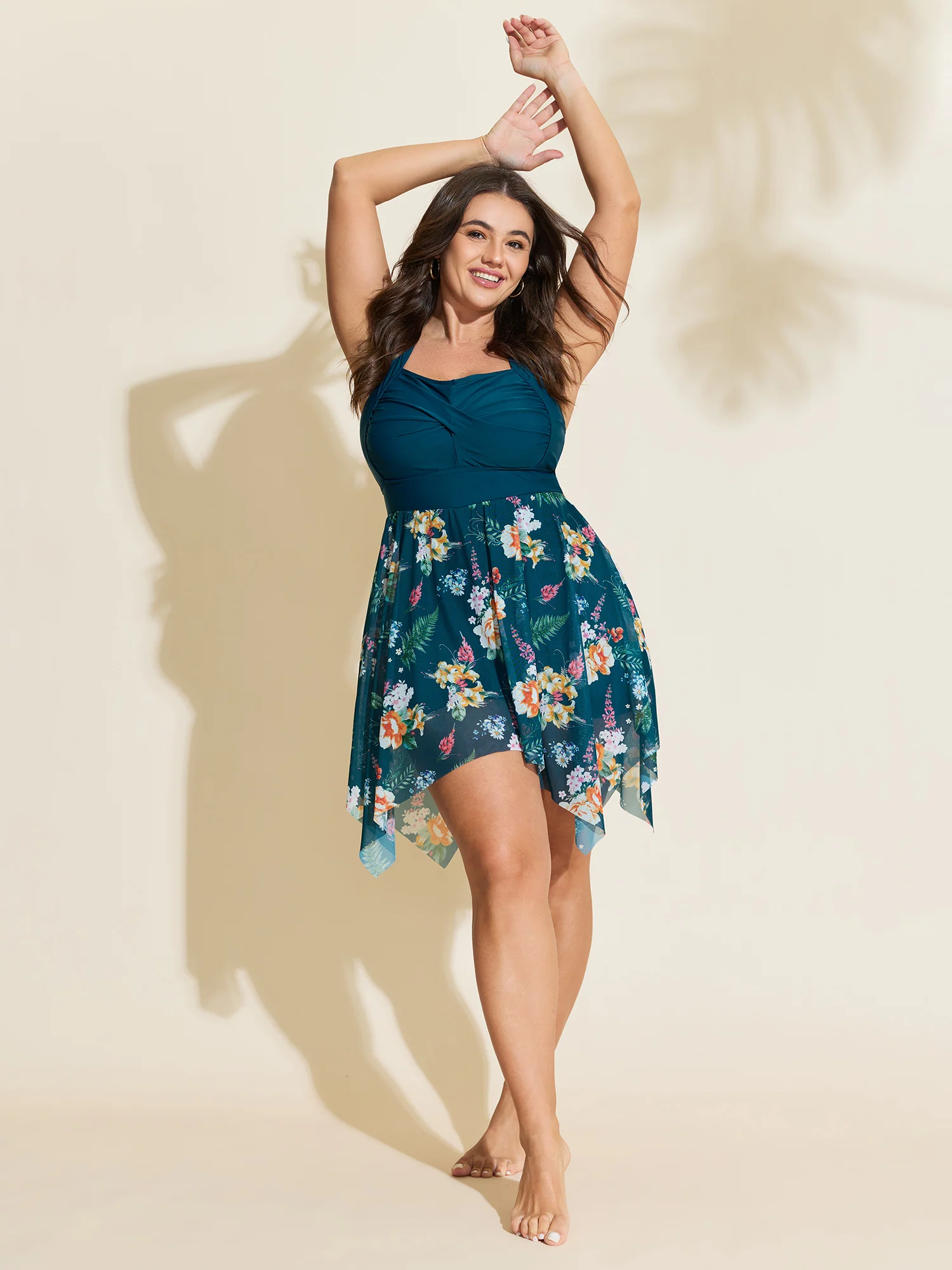 Floral Print Pockets Contrast Swim Dress - Image 4