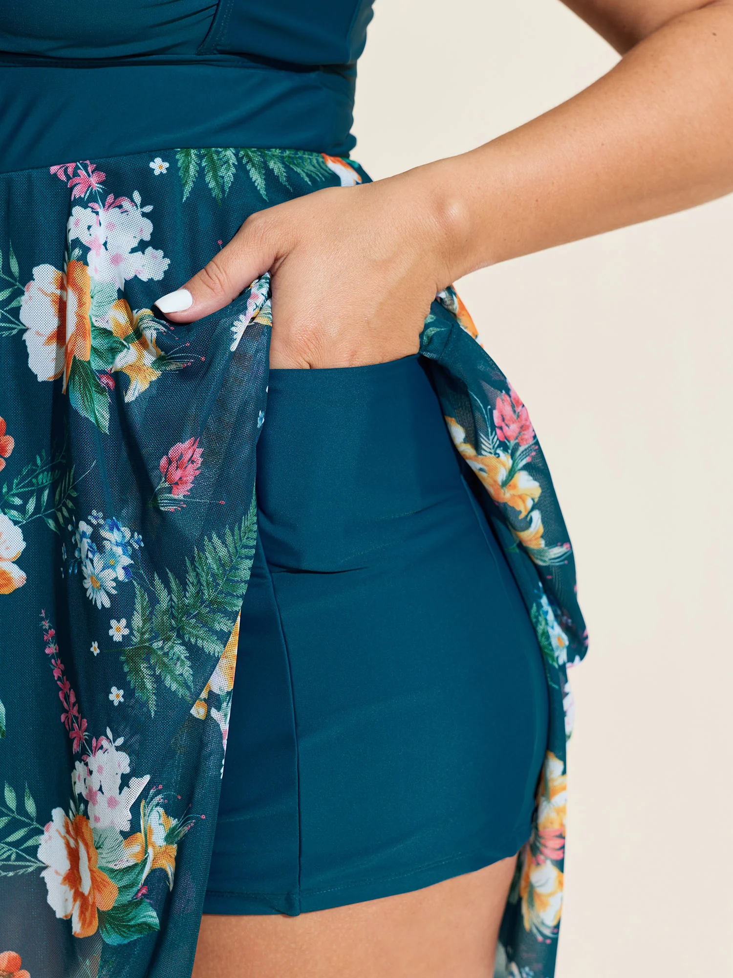 Floral Print Pockets Contrast Swim Dress - Image 5