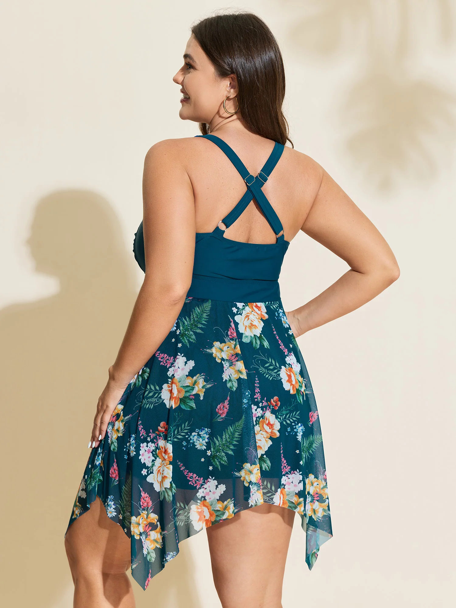 Floral Print Pockets Contrast Swim Dress - Image 7