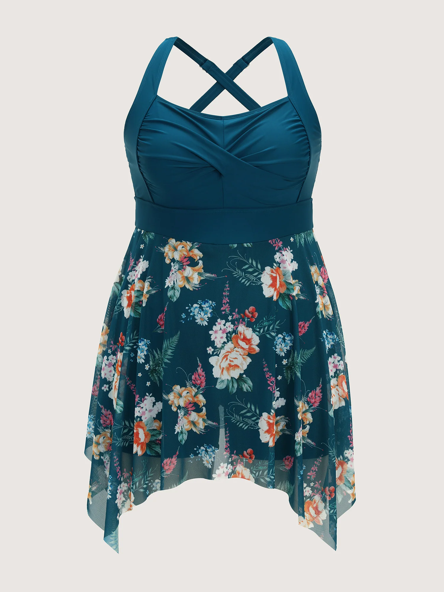 Floral Print Pockets Contrast Swim Dress - Image 8