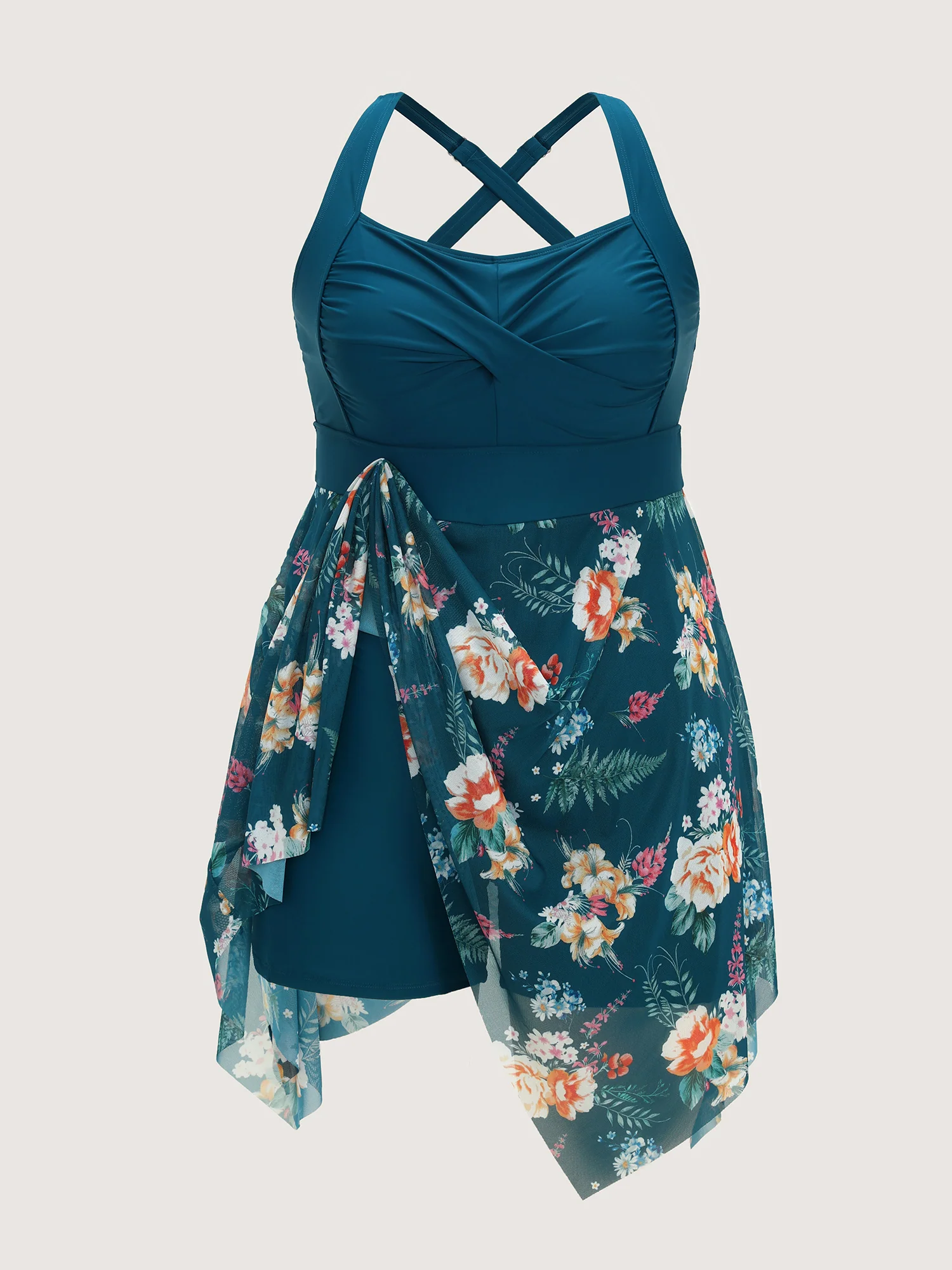 Floral Print Pockets Contrast Swim Dress - Image 9