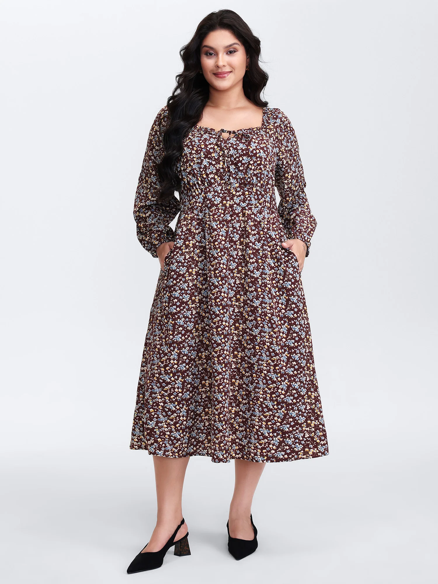 Floral Print Pockets Neckline Tie Maxi Dress - Image 3