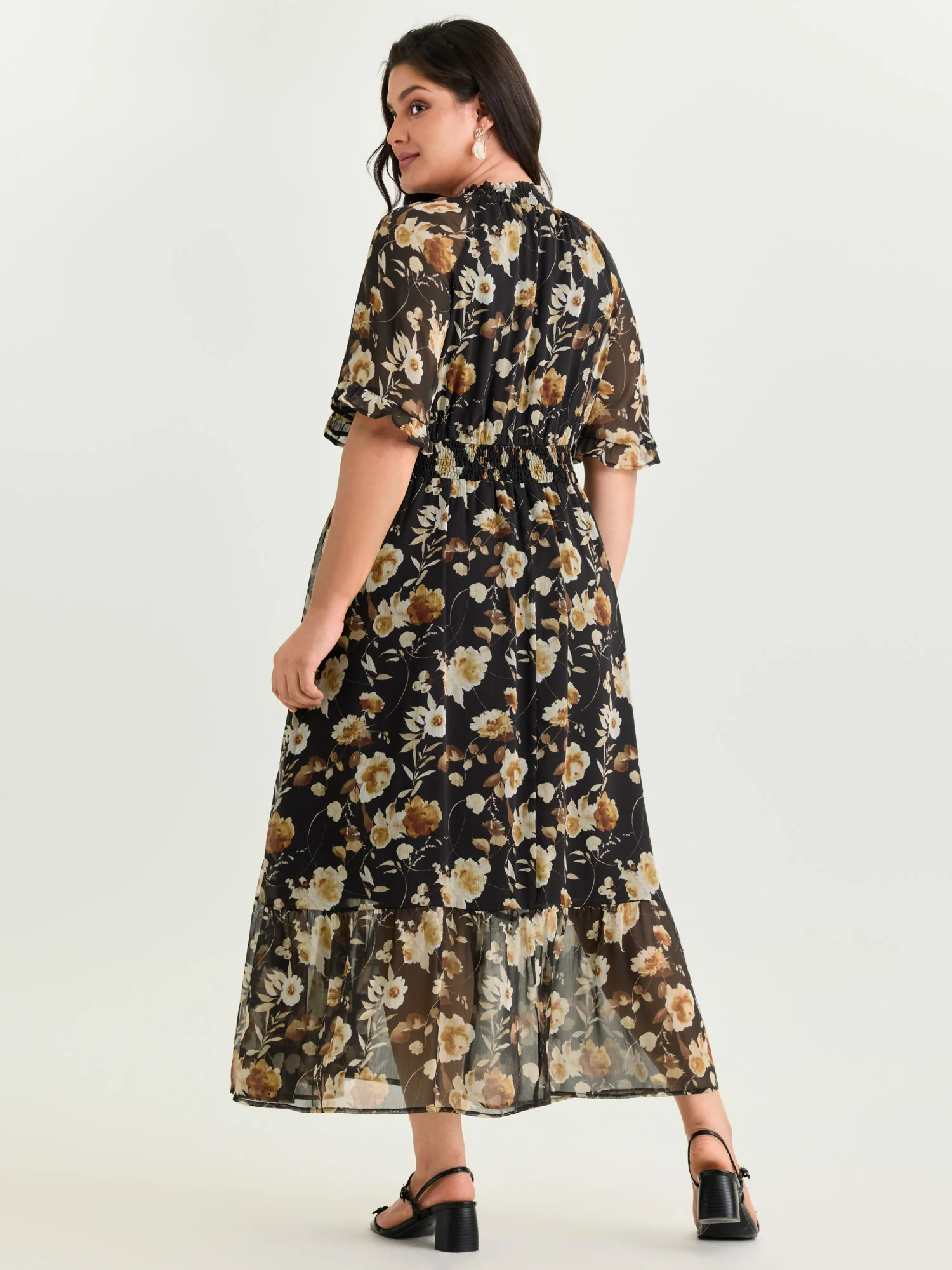 Floral Print Pockets Shirred Mock Neck Maxi Dress - Image 11